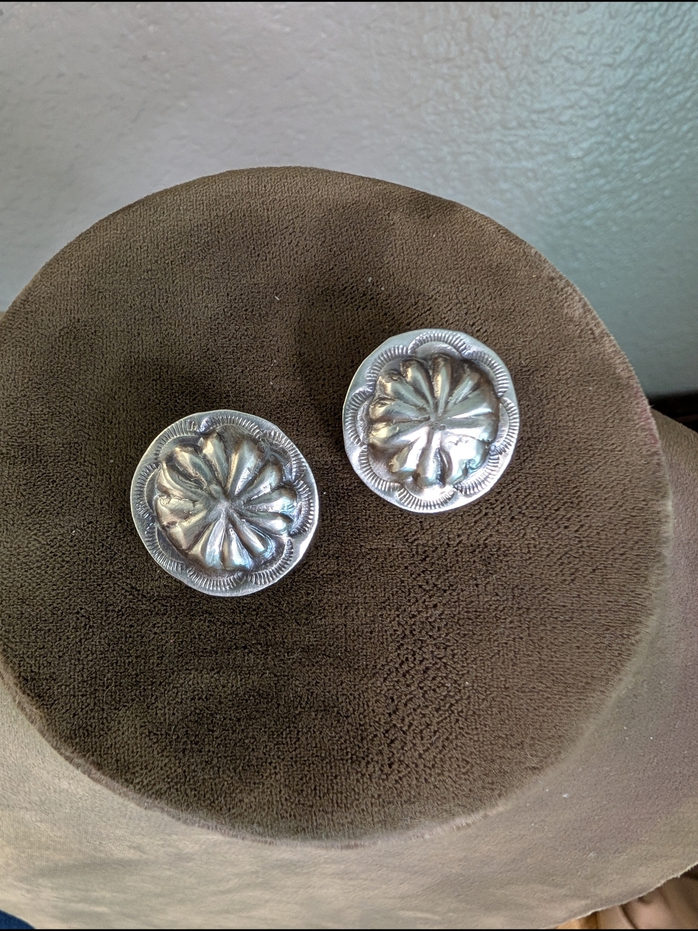 John Begay Sterling Silver Floral Concho Stud Earrings Native American Made